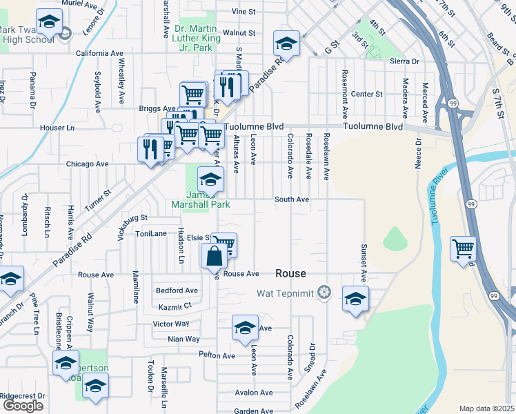 map of restaurants, bars, coffee shops, grocery stores, and more near 505 Leon Avenue in Modesto