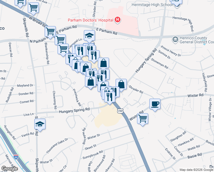 map of restaurants, bars, coffee shops, grocery stores, and more near 2857-2899 Colyer St in Henrico