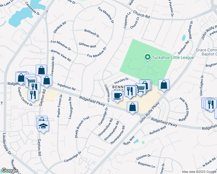 map of restaurants, bars, coffee shops, grocery stores, and more near 2301 Horsley Drive in Henrico