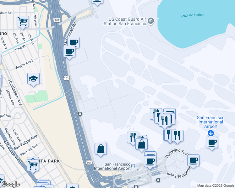 map of restaurants, bars, coffee shops, grocery stores, and more near 648 West Field Road in San Francisco