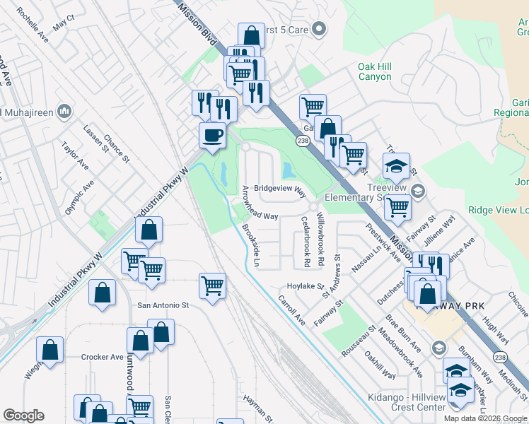 map of restaurants, bars, coffee shops, grocery stores, and more near 308 Arrowhead Way in Hayward