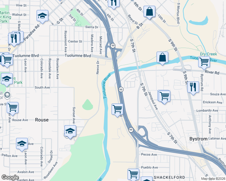 map of restaurants, bars, coffee shops, grocery stores, and more near 477 Zeff Road in Modesto