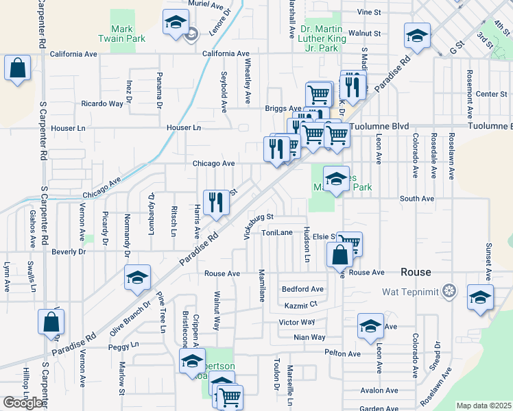 map of restaurants, bars, coffee shops, grocery stores, and more near 705 Paradise Road in Modesto
