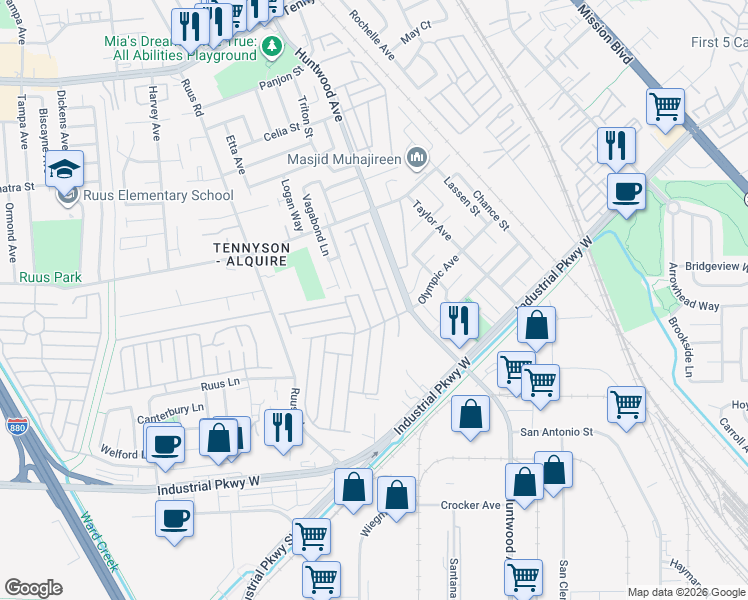 map of restaurants, bars, coffee shops, grocery stores, and more near 29257 Harpoon Way in Hayward