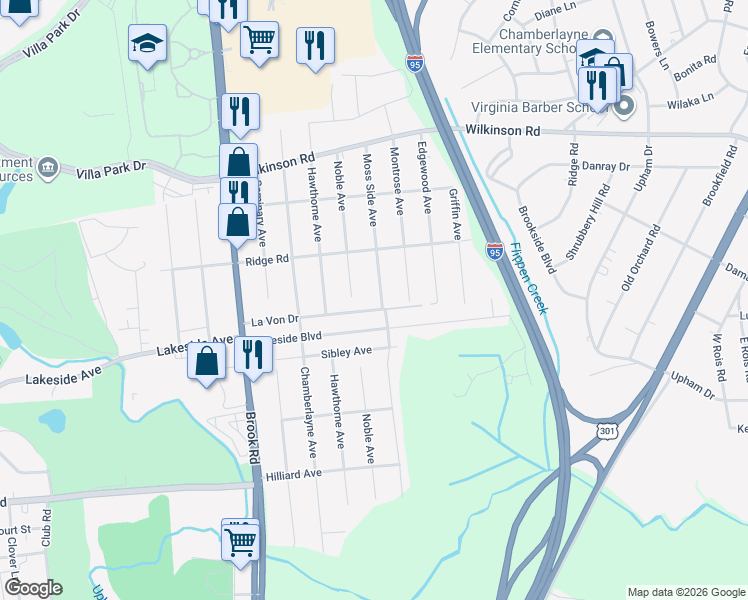 map of restaurants, bars, coffee shops, grocery stores, and more near 7406 Moss Side Avenue in Richmond