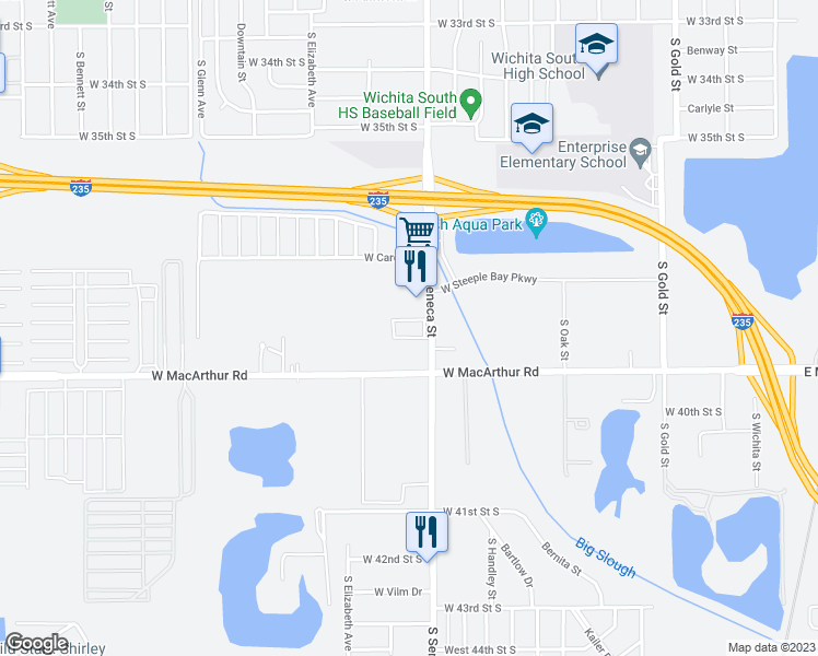 map of restaurants, bars, coffee shops, grocery stores, and more near 3863 South Seneca Street in Wichita