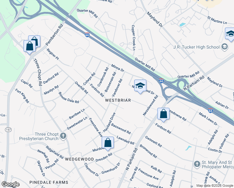map of restaurants, bars, coffee shops, grocery stores, and more near 2409 Vandover Road in Richmond