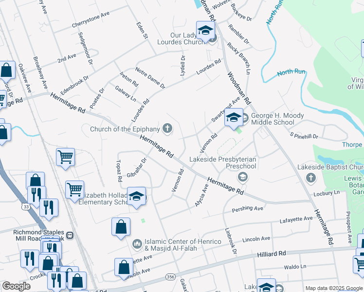 map of restaurants, bars, coffee shops, grocery stores, and more near 7404 Oakmont Drive in Richmond