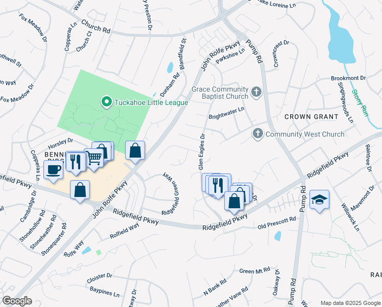 map of restaurants, bars, coffee shops, grocery stores, and more near 2161 Oakhampton Place in Richmond