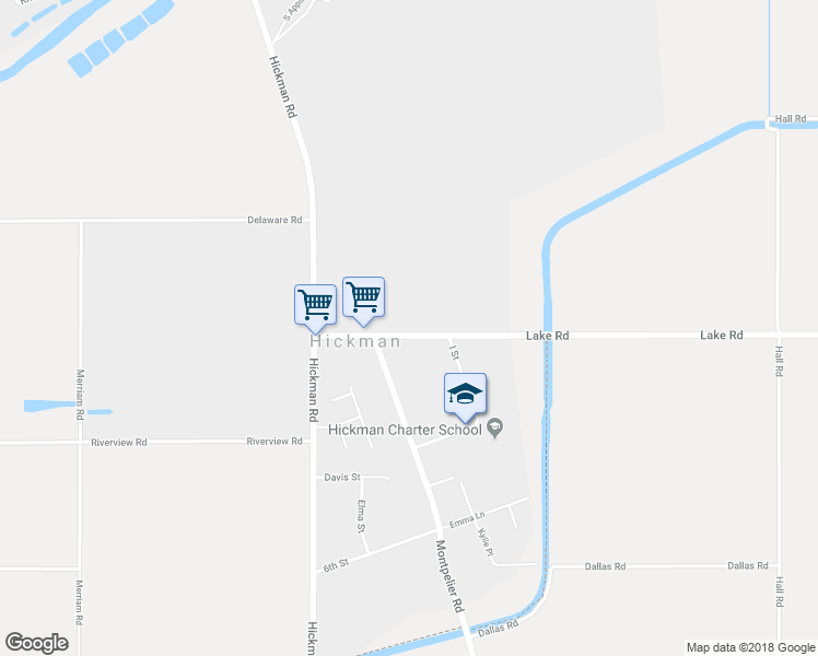 map of restaurants, bars, coffee shops, grocery stores, and more near 13243 Lake Road in Hickman