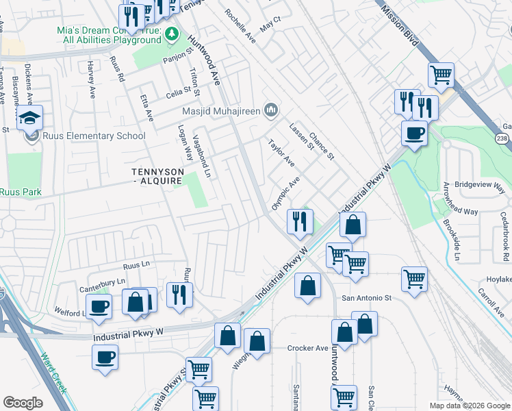 map of restaurants, bars, coffee shops, grocery stores, and more near 29286 Whalebone Way in Hayward