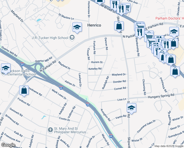 map of restaurants, bars, coffee shops, grocery stores, and more near 7802 Mayland Drive in Richmond