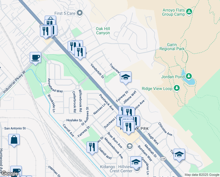 map of restaurants, bars, coffee shops, grocery stores, and more near 30568 Vanderbilt Street in Hayward