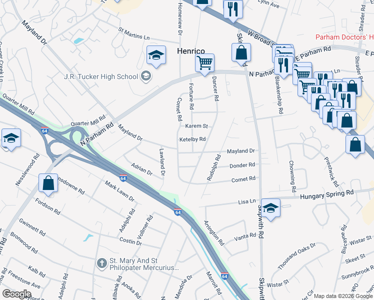 map of restaurants, bars, coffee shops, grocery stores, and more near 7802 Mayland Drive in Richmond