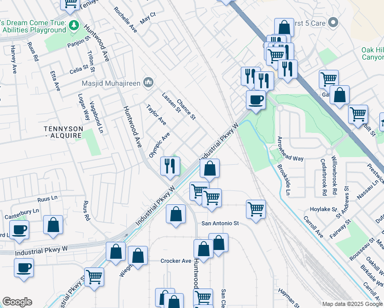 map of restaurants, bars, coffee shops, grocery stores, and more near 29822 Taylor Avenue in Hayward
