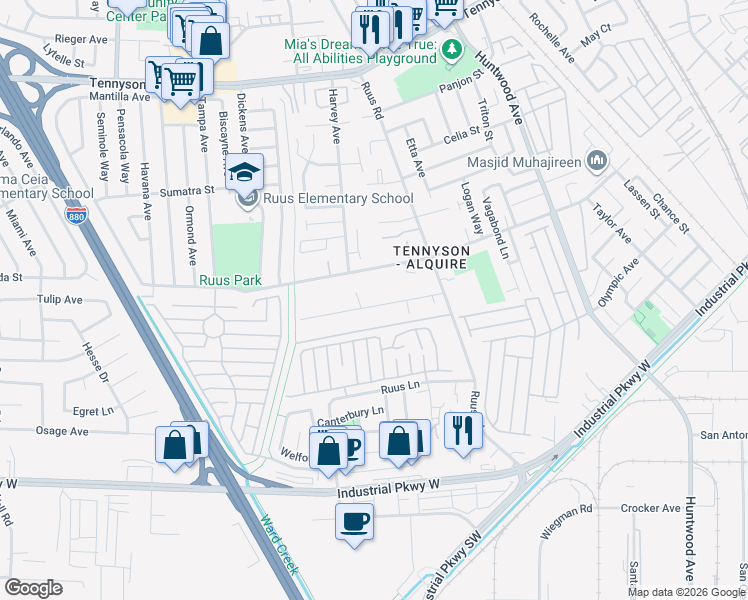map of restaurants, bars, coffee shops, grocery stores, and more near 1026 Folsom Avenue in Hayward