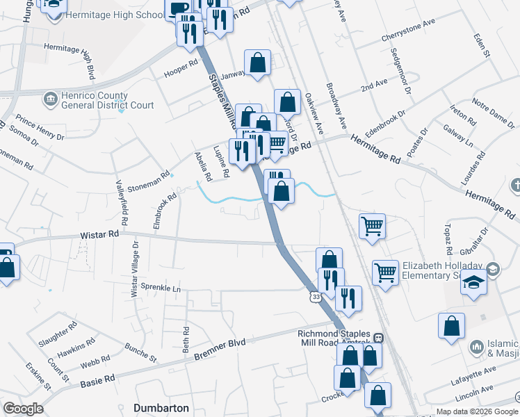 map of restaurants, bars, coffee shops, grocery stores, and more near 3011 New Hermitage Court in Henrico