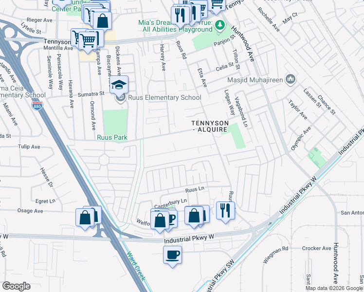 map of restaurants, bars, coffee shops, grocery stores, and more near 1026 Folsom Avenue in Hayward