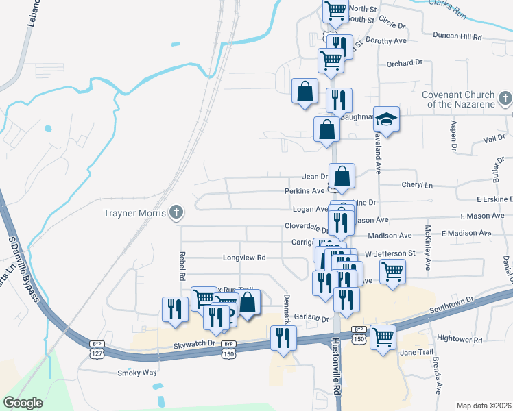 map of restaurants, bars, coffee shops, grocery stores, and more near 514 Perkins Avenue in Danville