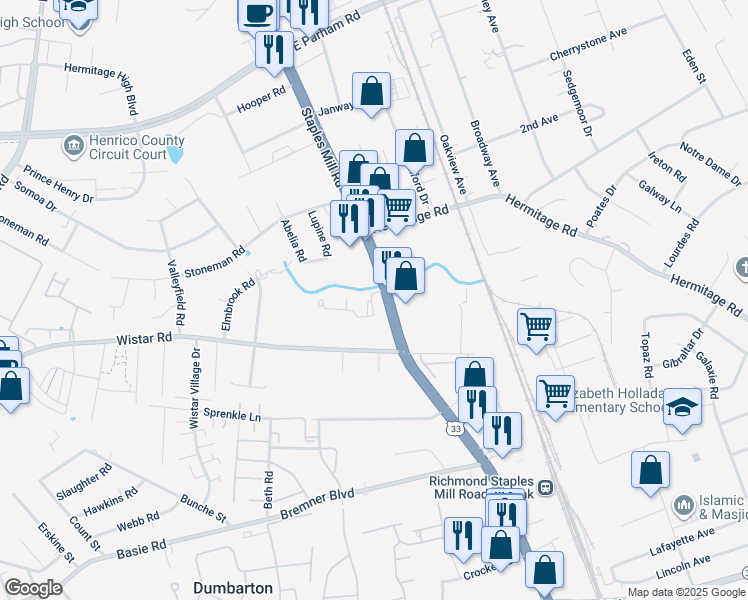 map of restaurants, bars, coffee shops, grocery stores, and more near in Henrico