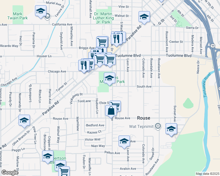 map of restaurants, bars, coffee shops, grocery stores, and more near 515 Sutter Avenue in Modesto