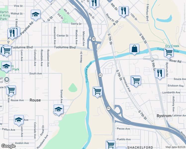 map of restaurants, bars, coffee shops, grocery stores, and more near 477 Zeff Road in Modesto