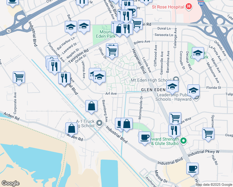 map of restaurants, bars, coffee shops, grocery stores, and more near Arf Avenue in Hayward