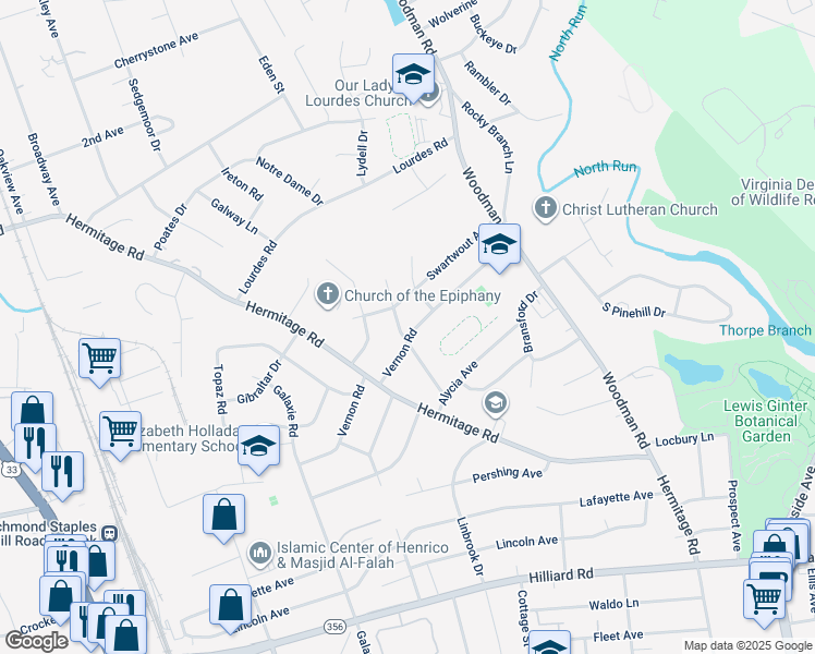 map of restaurants, bars, coffee shops, grocery stores, and more near 7901 Dalmain Drive in Richmond