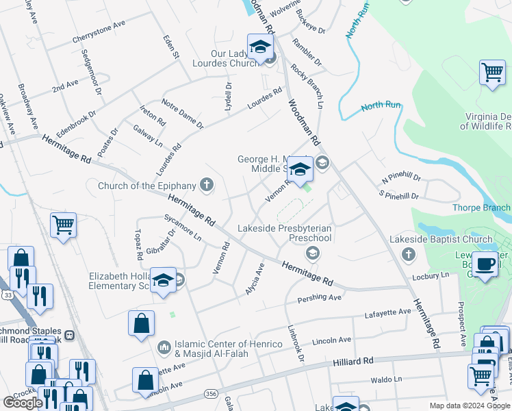 map of restaurants, bars, coffee shops, grocery stores, and more near 7901 Dalmain Drive in Richmond