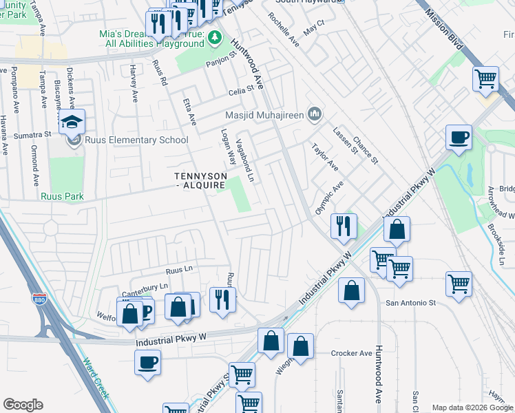 map of restaurants, bars, coffee shops, grocery stores, and more near 604 Nomad Court in Hayward