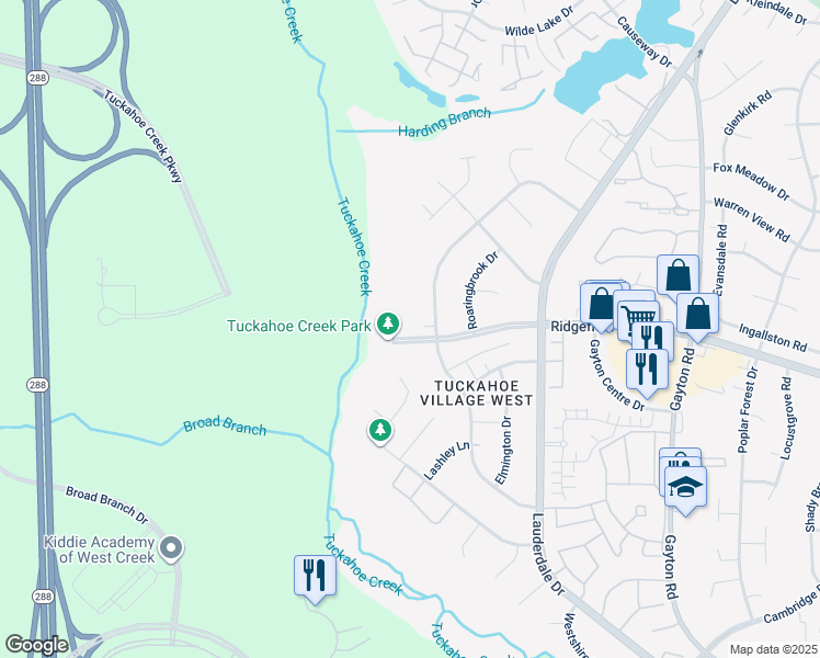 map of restaurants, bars, coffee shops, grocery stores, and more near 12326 Ridgefield Parkway in Richmond