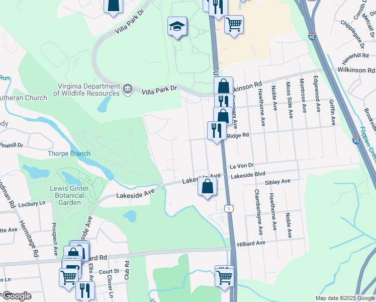 map of restaurants, bars, coffee shops, grocery stores, and more near 7424 Landsworth Avenue in Richmond