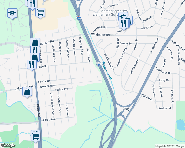 map of restaurants, bars, coffee shops, grocery stores, and more near 7409 Griffin Avenue in Richmond