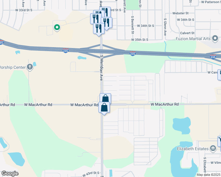map of restaurants, bars, coffee shops, grocery stores, and more near 3850 South Meridian Avenue in Wichita
