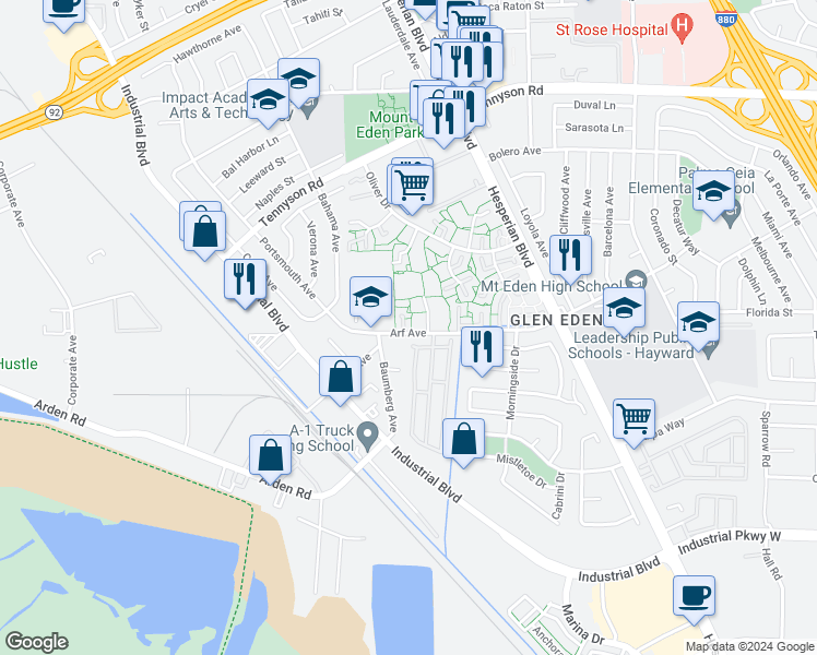 map of restaurants, bars, coffee shops, grocery stores, and more near 2721 Arf Avenue in Hayward