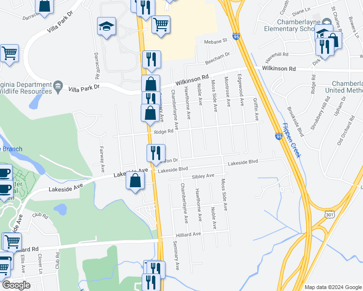 map of restaurants, bars, coffee shops, grocery stores, and more near 7409 Chamberlayne Avenue in Richmond