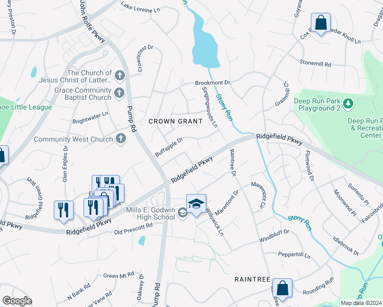 map of restaurants, bars, coffee shops, grocery stores, and more near 10412 Kings Grant Drive in Henrico
