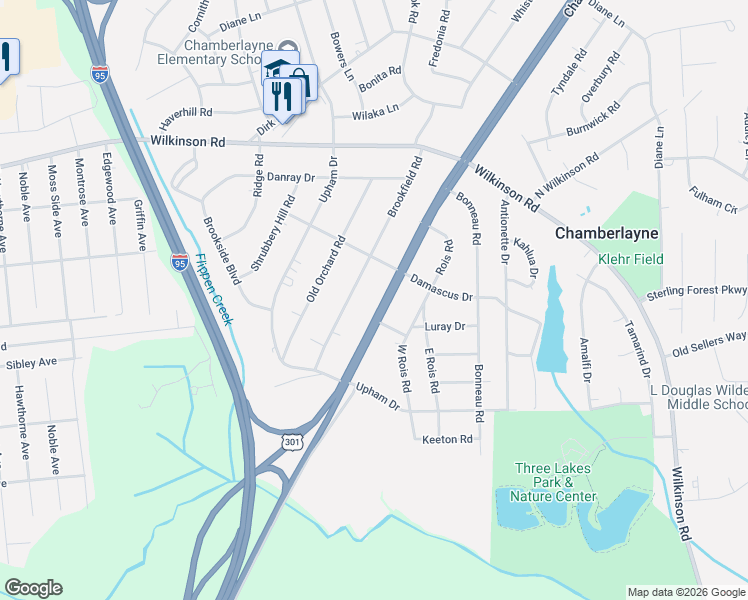 map of restaurants, bars, coffee shops, grocery stores, and more near 5919 Brookfield Road in Richmond