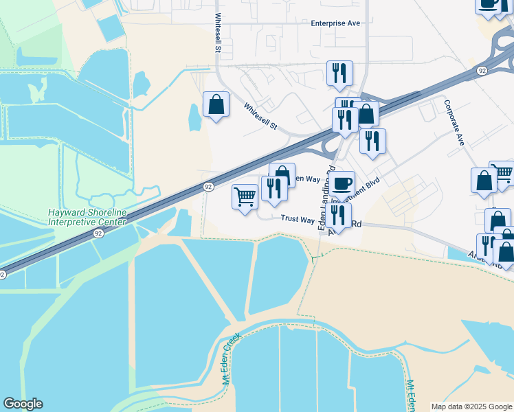 map of restaurants, bars, coffee shops, grocery stores, and more near 26118 Research Place in Hayward