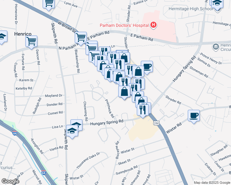 map of restaurants, bars, coffee shops, grocery stores, and more near 2704 Enterprise Parkway in Richmond