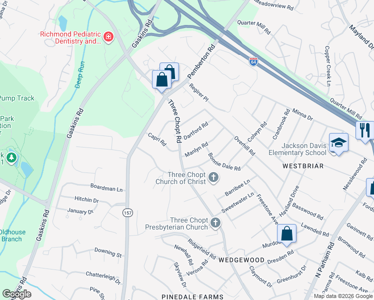 map of restaurants, bars, coffee shops, grocery stores, and more near 2102 Manlyn Road in Richmond