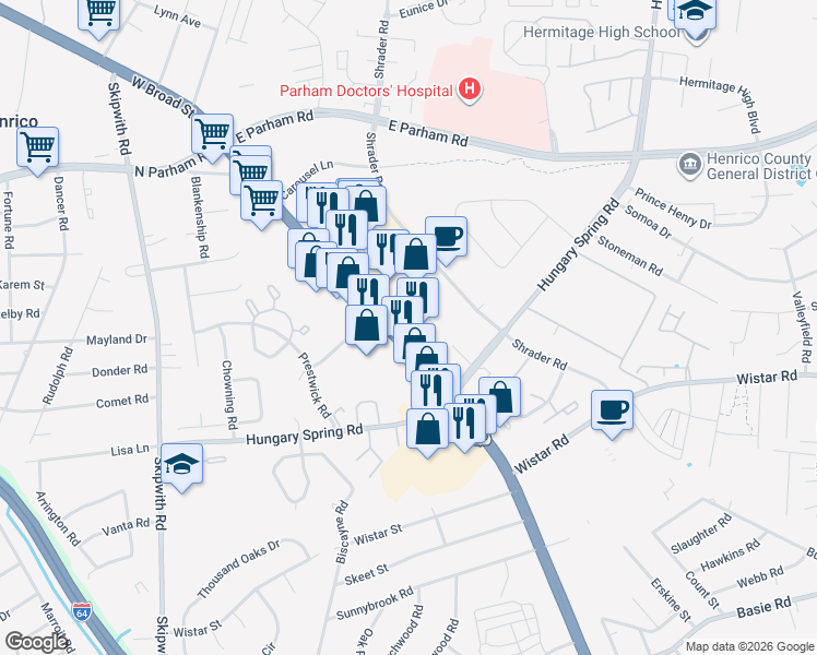map of restaurants, bars, coffee shops, grocery stores, and more near 2857 Colyer Street in Henrico