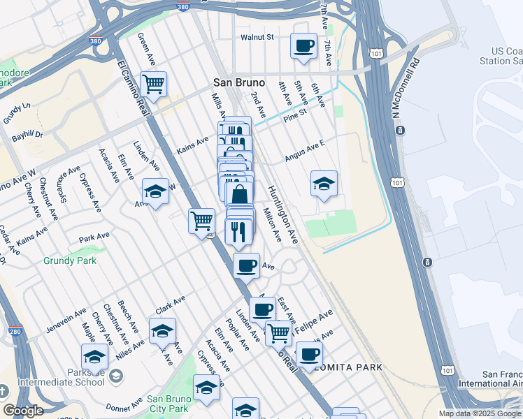 map of restaurants, bars, coffee shops, grocery stores, and more near 147 Sylvan Avenue in San Bruno