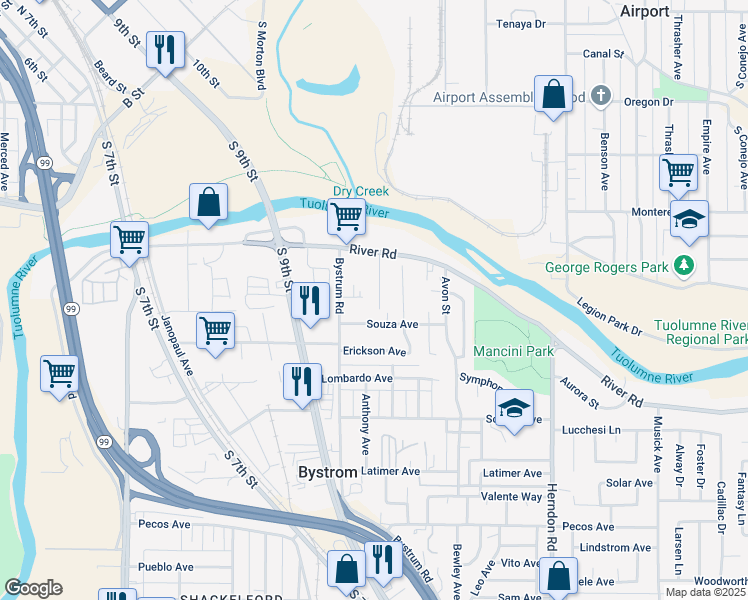map of restaurants, bars, coffee shops, grocery stores, and more near 438 Ryder Way in Modesto