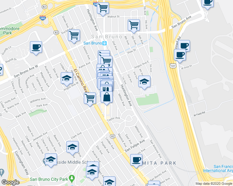 map of restaurants, bars, coffee shops, grocery stores, and more near 147 Sylvan Avenue in San Bruno