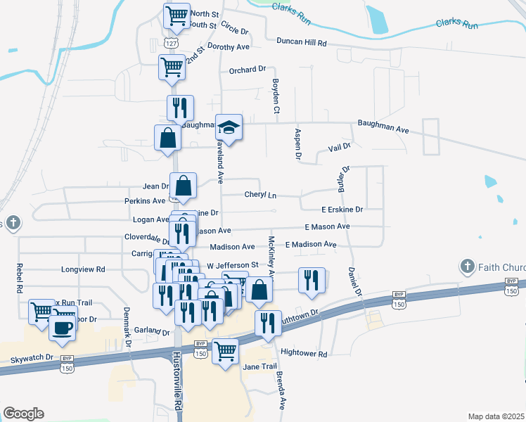 map of restaurants, bars, coffee shops, grocery stores, and more near 183 Erskine Drive in Danville