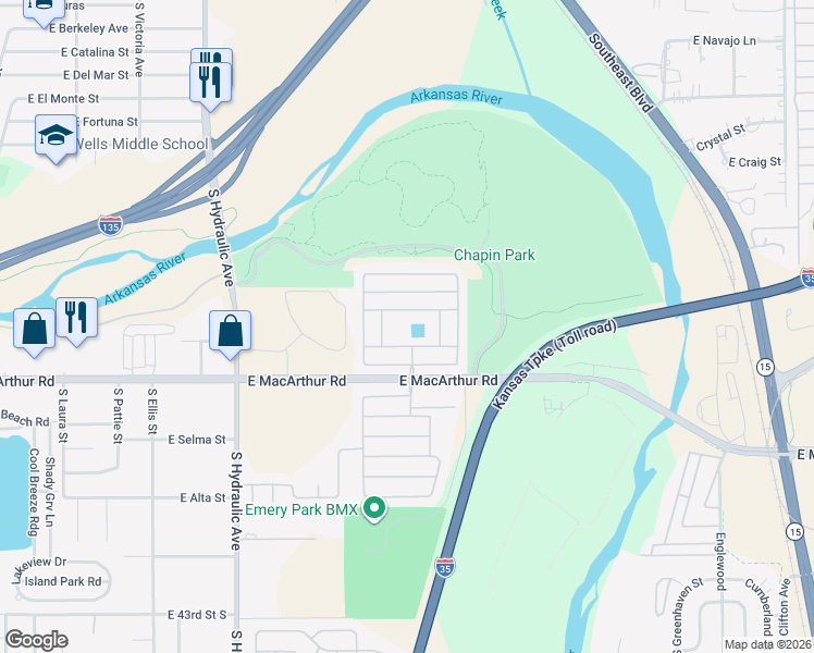map of restaurants, bars, coffee shops, grocery stores, and more near 2320 East Macarthur Road in Wichita