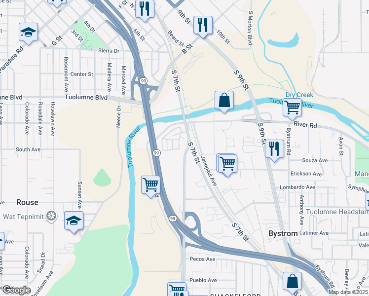 map of restaurants, bars, coffee shops, grocery stores, and more near 513 Crows Landing Road in Modesto