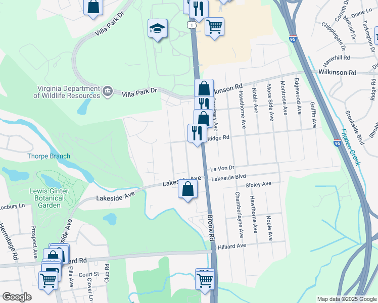 map of restaurants, bars, coffee shops, grocery stores, and more near 7424 Brook Road in Richmond