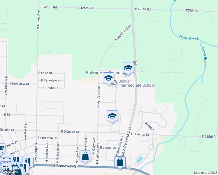 map of restaurants, bars, coffee shops, grocery stores, and more near 1162 North Hartford Avenue in Bolivar
